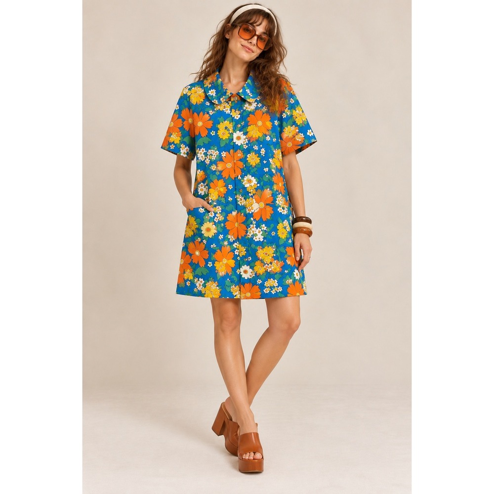 VTG 70s Models Coat Dress 9/10 Blue Orange Floral Retro Mod Groovy Maximalist